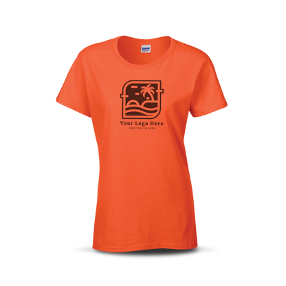 Orange women’s T-shirt with custom beach-themed logo and text on the front.
