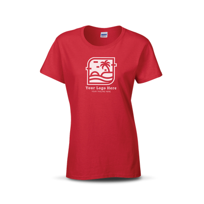 Red women’s T-shirt with custom beach-themed logo and text on the front.