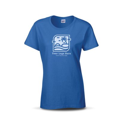 Royal blue women’s T-shirt with custom beach-themed logo and text on the front.