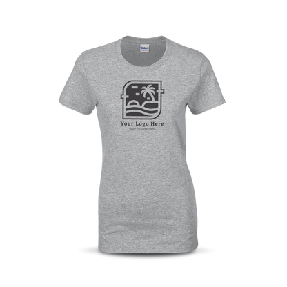 Sport grey women’s T-shirt with custom beach-themed logo and text on the front.
