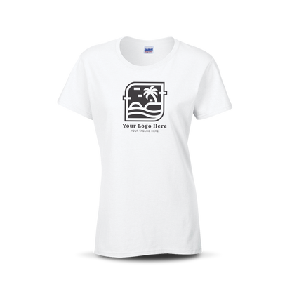 White women’s T-shirt with custom beach-themed logo and text on the front.