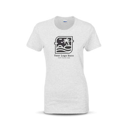 Ash grey women’s T-shirt with custom beach-themed logo and text on the front.