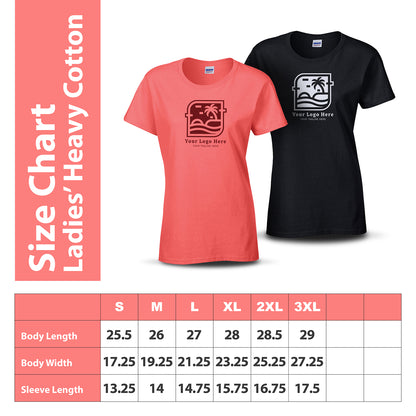 Ladies’ Heavy Cotton T-Shirt size chart with coral and black shirt mockups displaying a custom logo. Chart includes body length, body width, and sleeve length for sizes S to 3XL.