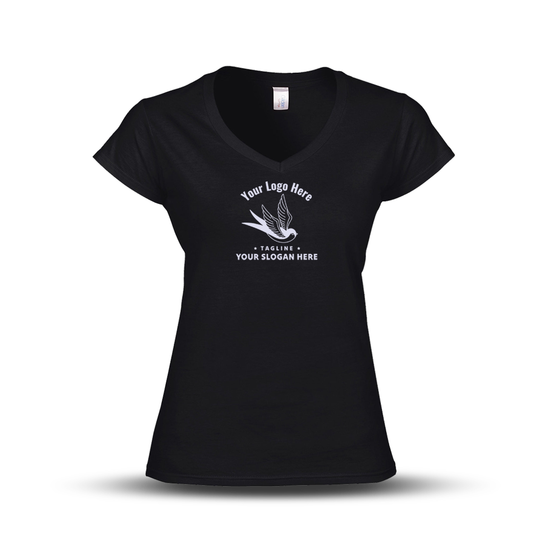 Black V-neck women's T-shirt with a swallow logo and customizable slogan text.