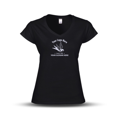 Black V-neck women's T-shirt with a swallow logo and customizable slogan text.