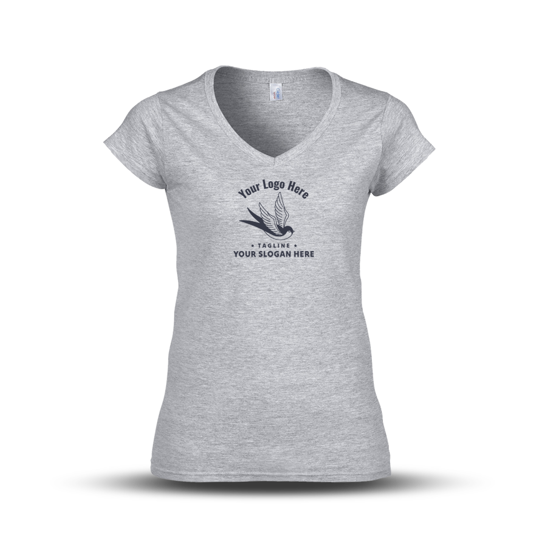 Sport grey V-neck women's T-shirt with a swallow logo and customizable slogan text.
