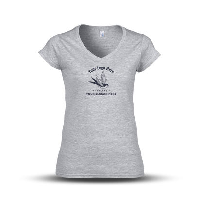 Sport grey V-neck women's T-shirt with a swallow logo and customizable slogan text.