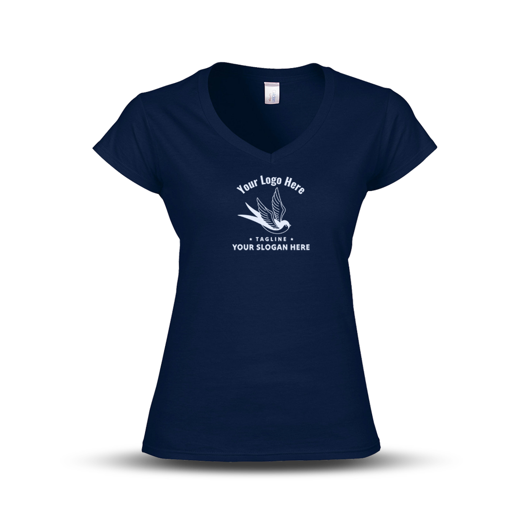 Navy V-neck women's T-shirt with a swallow logo and customizable slogan text.