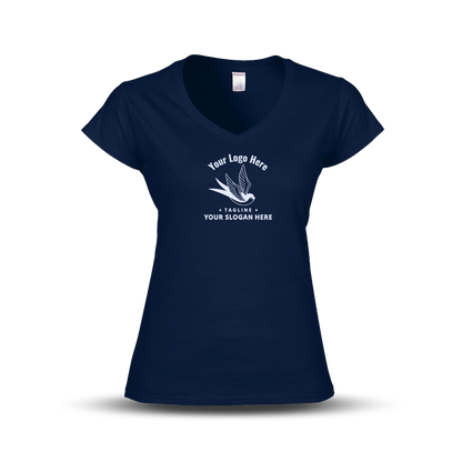 Navy V-neck women's T-shirt with a swallow logo and customizable slogan text.