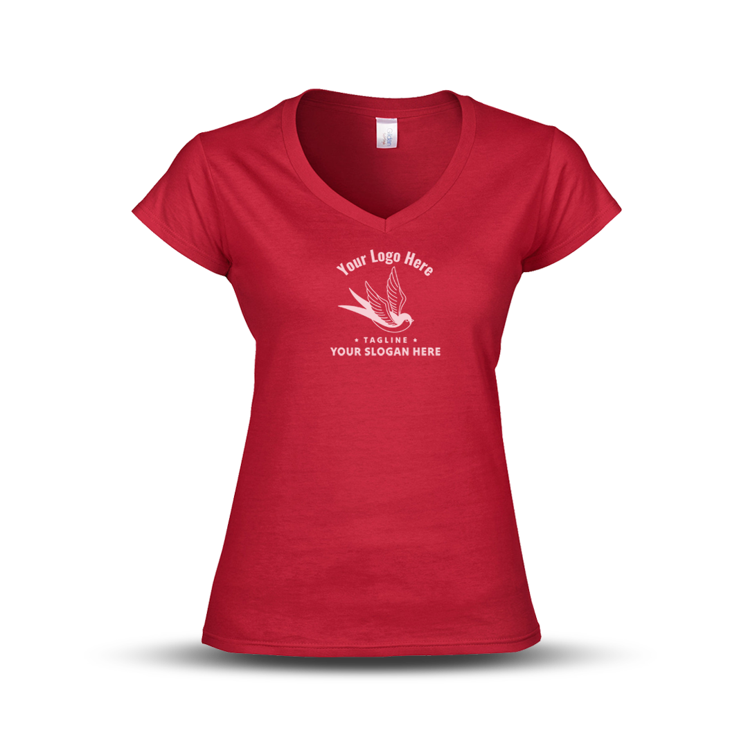 Red V-neck women's T-shirt with a swallow logo and customizable slogan text.