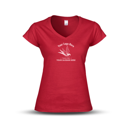 Red V-neck women's T-shirt with a swallow logo and customizable slogan text.