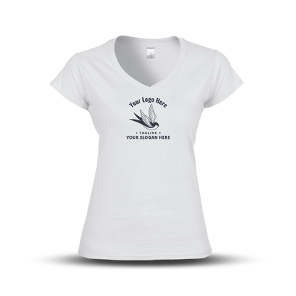 White V-neck women's T-shirt with a swallow logo and customizable slogan text.
