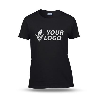Women's fitted black T-shirt with short sleeves and a custom "YOUR LOGO" design printed on the front.