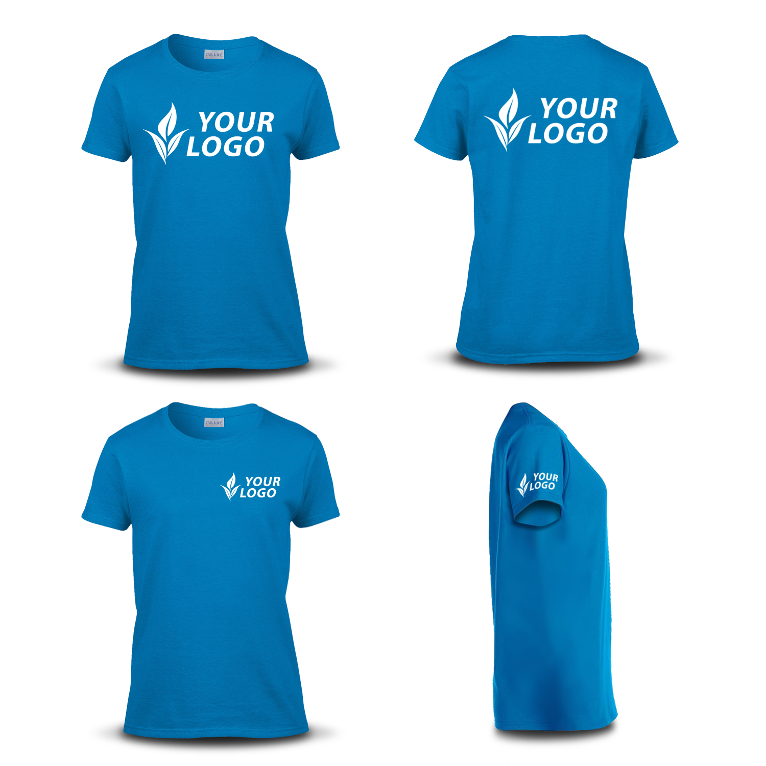 Women's fitted blue T-shirt shown from four angles—front, back, side, and angled view—with custom "YOUR LOGO" placement on the chest, back, and sleeve.