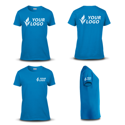 Women's fitted blue T-shirt shown from four angles—front, back, side, and angled view—with custom "YOUR LOGO" placement on the chest, back, and sleeve.