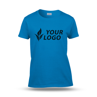 Women's fitted blue T-shirt with short sleeves and a custom "YOUR LOGO" design printed on the front.