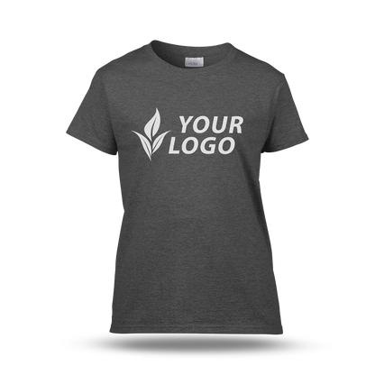 Women's fitted dark heather T-shirt with short sleeves and a custom "YOUR LOGO" design printed on the front.