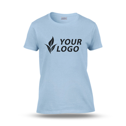 Women's fitted light blue T-shirt with short sleeves and a custom "YOUR LOGO" design printed on the front.