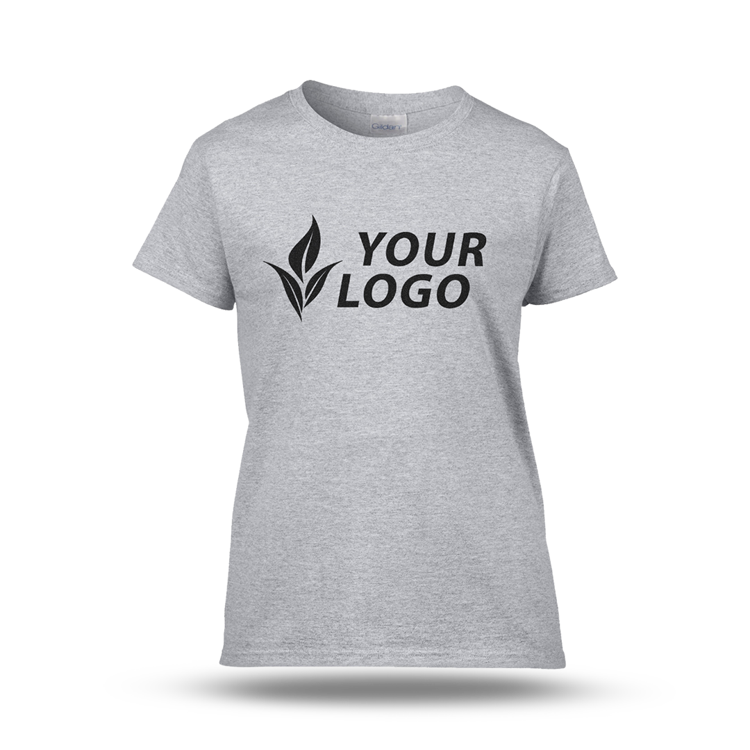 Women's fitted sport grey T-shirt with short sleeves and a custom "YOUR LOGO" design printed on the front.