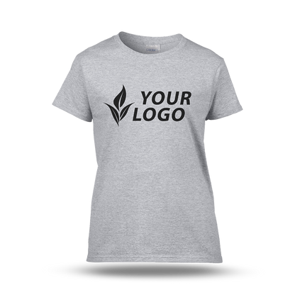Women's fitted sport grey T-shirt with short sleeves and a custom "YOUR LOGO" design printed on the front.