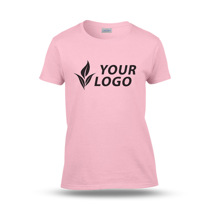 Women's fitted light pink T-shirt with short sleeves and a custom "YOUR LOGO" design printed on the front.