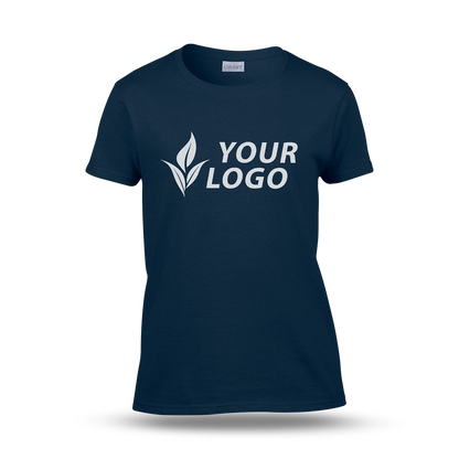 Women's fitted navy T-shirt with short sleeves and a custom "YOUR LOGO" design printed on the front.