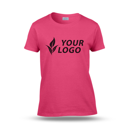 Women's fitted heliconia T-shirt with short sleeves and a custom "YOUR LOGO" design printed on the front.