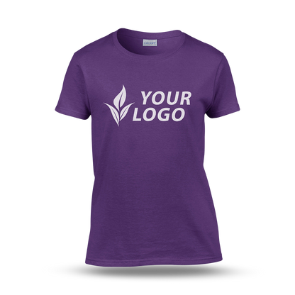 Women's fitted purple T-shirt with short sleeves and a custom "YOUR LOGO" design printed on the front.