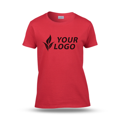 Women's fitted red T-shirt with short sleeves and a custom "YOUR LOGO" design printed on the front.