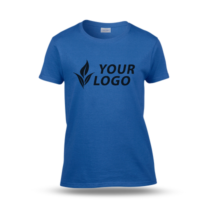 Women's fitted royal blue T-shirt with short sleeves and a custom "YOUR LOGO" design printed on the front.