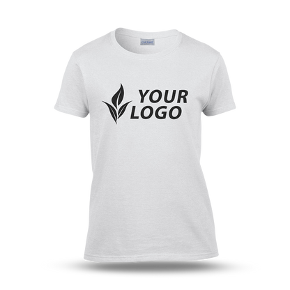 Women's fitted white T-shirt with short sleeves and a custom "YOUR LOGO" design printed on the front.