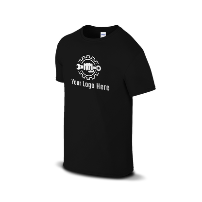 Black Gildan T-shirt with customizable logo and wrench design.