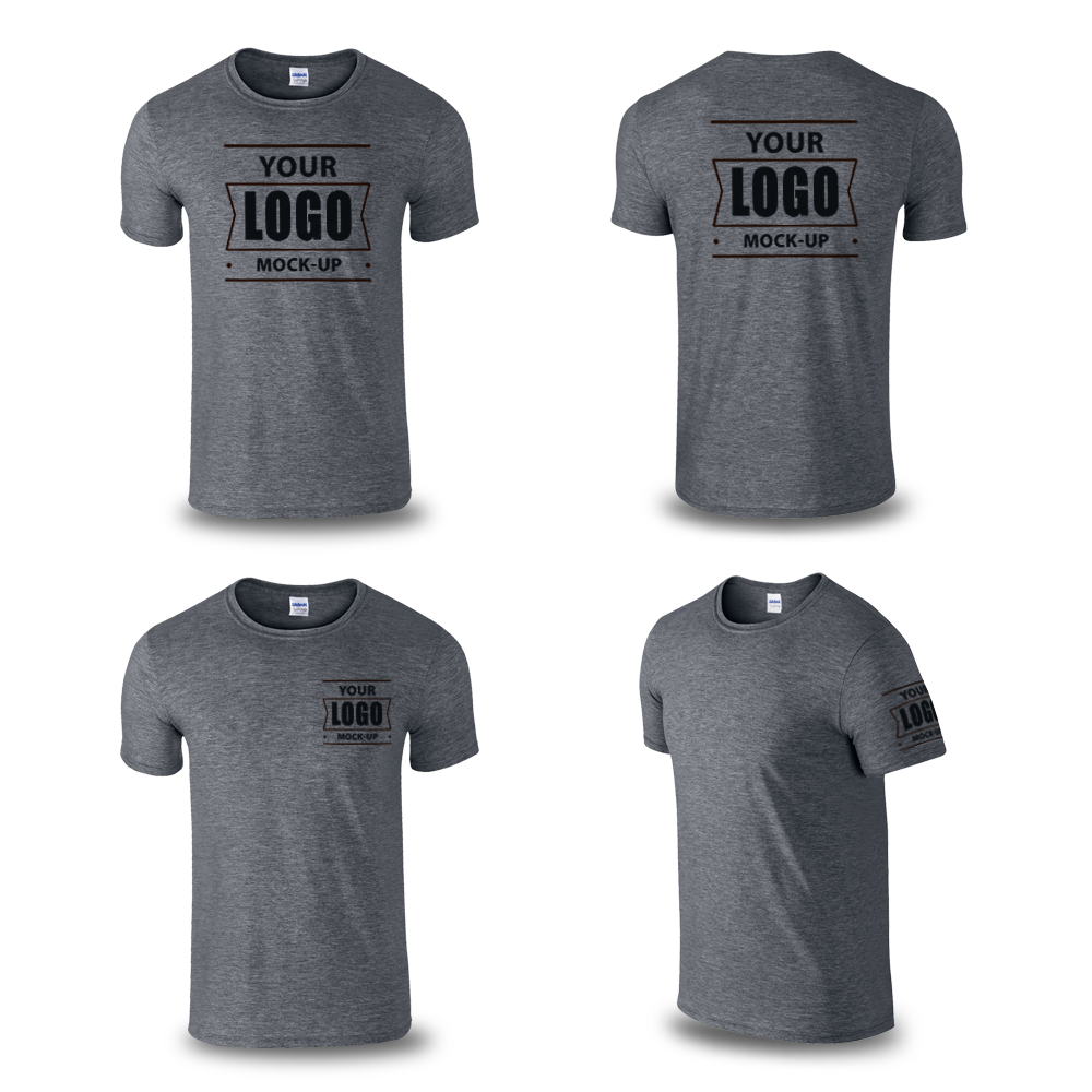 Dark heather gray T-shirt mockup shown from front, back, and side angles with customizable "Your Logo" design on chest, back, and sleeve.