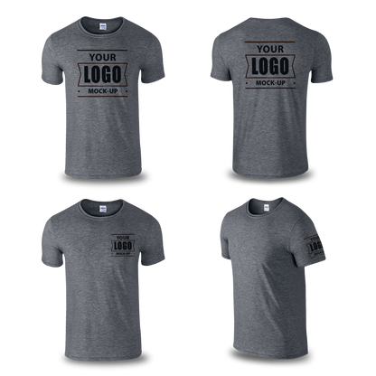 Dark heather gray T-shirt mockup shown from front, back, and side angles with customizable "Your Logo" design on chest, back, and sleeve.