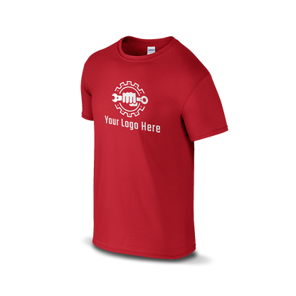 Red short-sleeve t-shirt with a white  logo and customizable tagline.