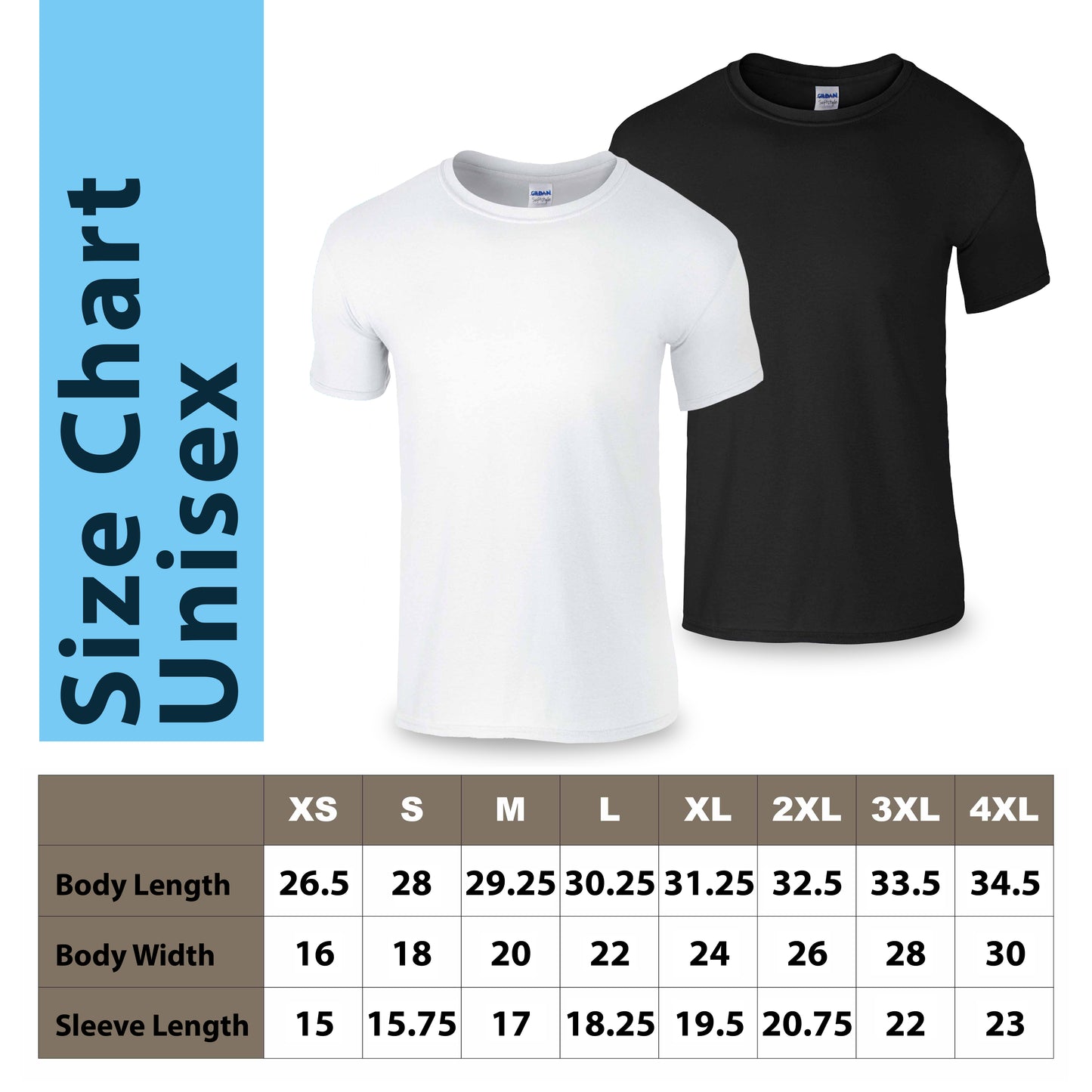 Unisex size chart for T-shirts (XS to 4XL) with measurements for body length, width, and sleeve length.