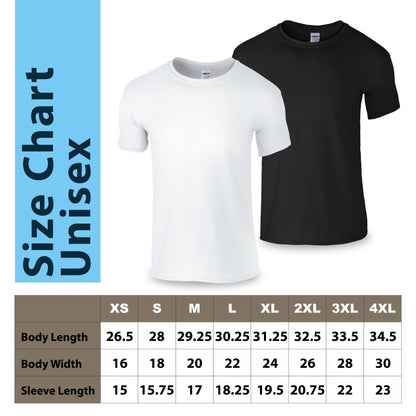 Unisex size chart for T-shirts (XS to 4XL) with measurements for body length, width, and sleeve length.