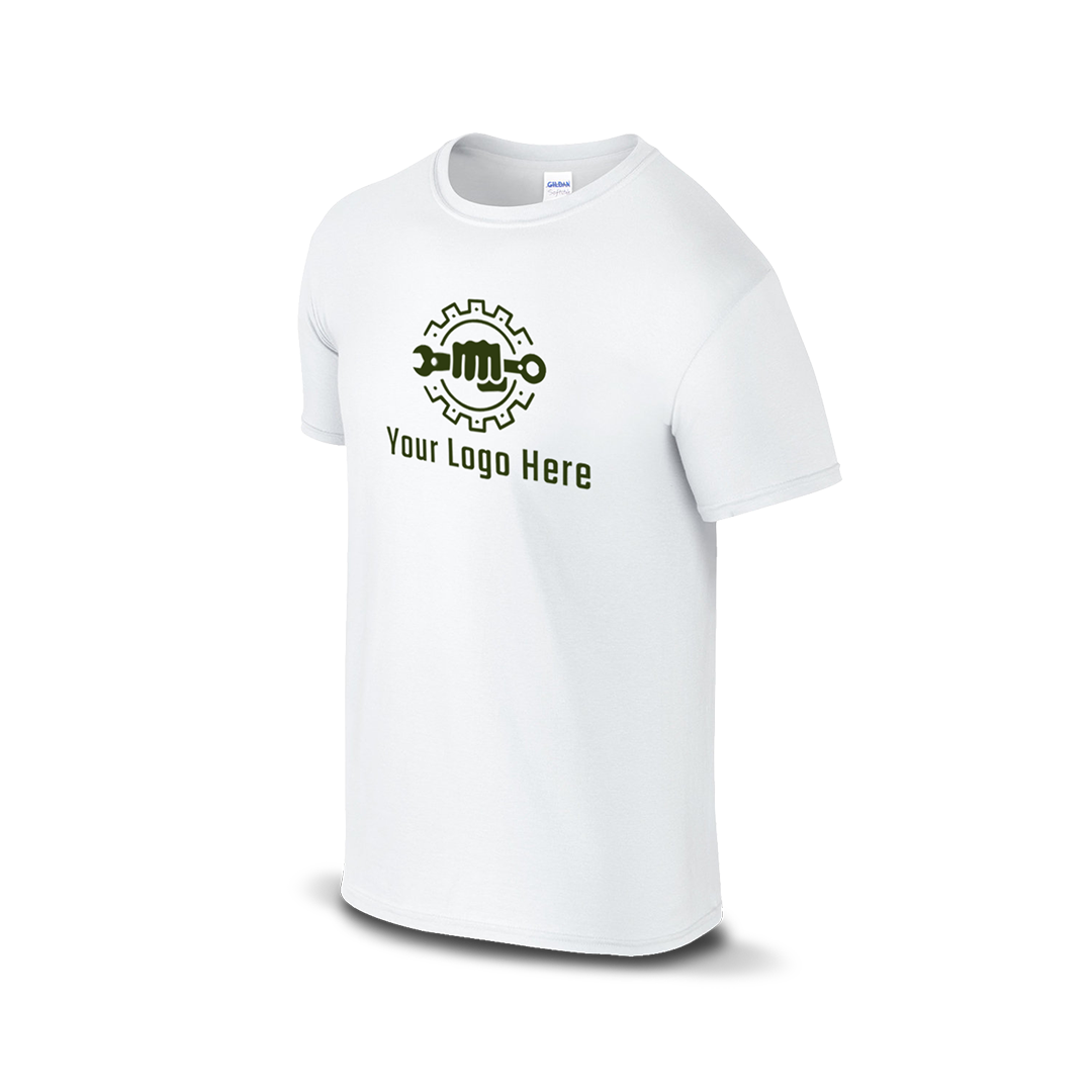 White Gildan T-shirt with customizable logo and wrench design.