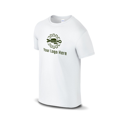 White Gildan T-shirt with customizable logo and wrench design.