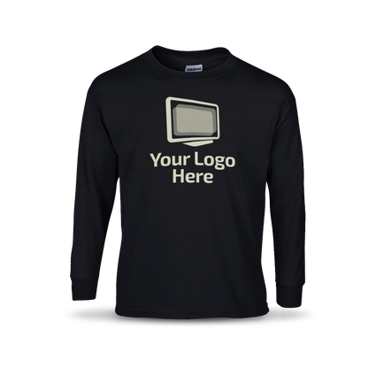 Black long sleeve crewneck T-shirt featuring a centered graphic of a computer monitor above the text “Your Logo Here.”