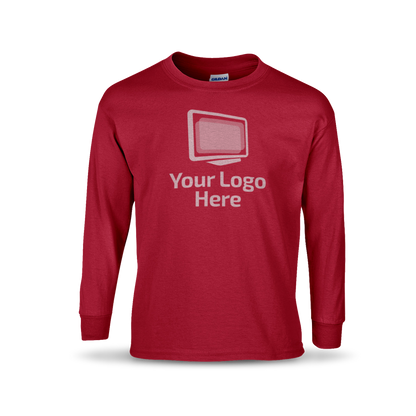 Cardinal red long sleeve crewneck T-shirt featuring a centered graphic of a computer monitor above the text “Your Logo Here.”