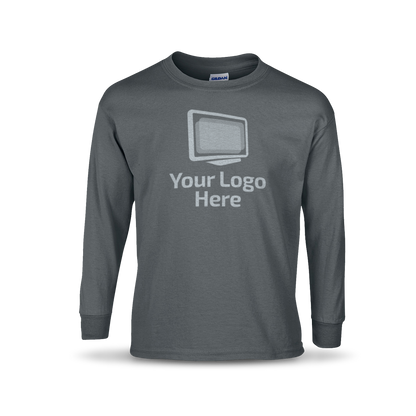 Charcoal long sleeve crewneck T-shirt featuring a centered graphic of a computer monitor above the text “Your Logo Here.”