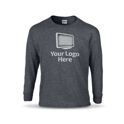 Dark heather long sleeve crewneck T-shirt featuring a centered graphic of a computer monitor above the text “Your Logo Here.”