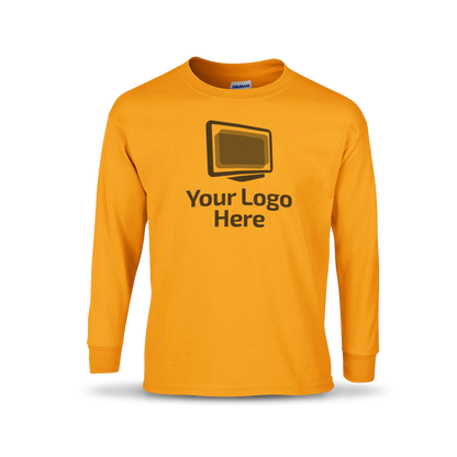 Gold long sleeve crewneck T-shirt featuring a centered graphic of a computer monitor above the text “Your Logo Here.”