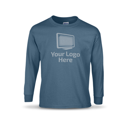 Indigo blue long sleeve crewneck T-shirt featuring a centered graphic of a computer monitor above the text “Your Logo Here.”