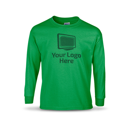 Irish green long sleeve crewneck T-shirt featuring a centered graphic of a computer monitor above the text “Your Logo Here.”