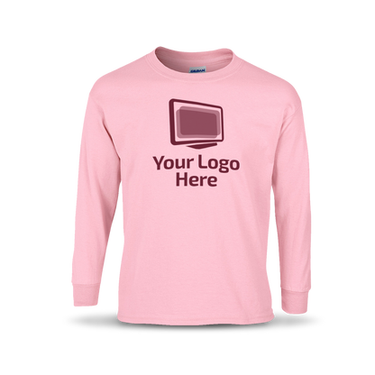 Light pink long sleeve crewneck T-shirt featuring a centered graphic of a computer monitor above the text “Your Logo Here.”