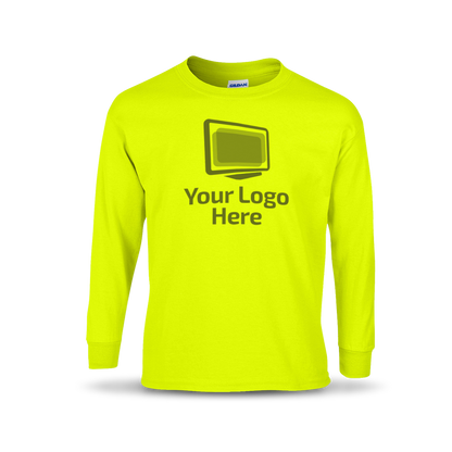 Safety green long sleeve crewneck T-shirt featuring a centered graphic of a computer monitor above the text “Your Logo Here.”