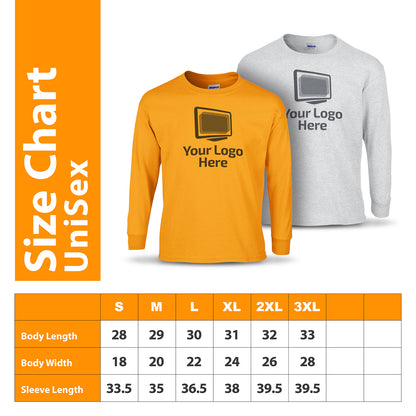 Size chart for unisex long sleeve T-shirts displayed with orange and gray shirt examples; includes body length, body width, and sleeve length for sizes S to 3XL.