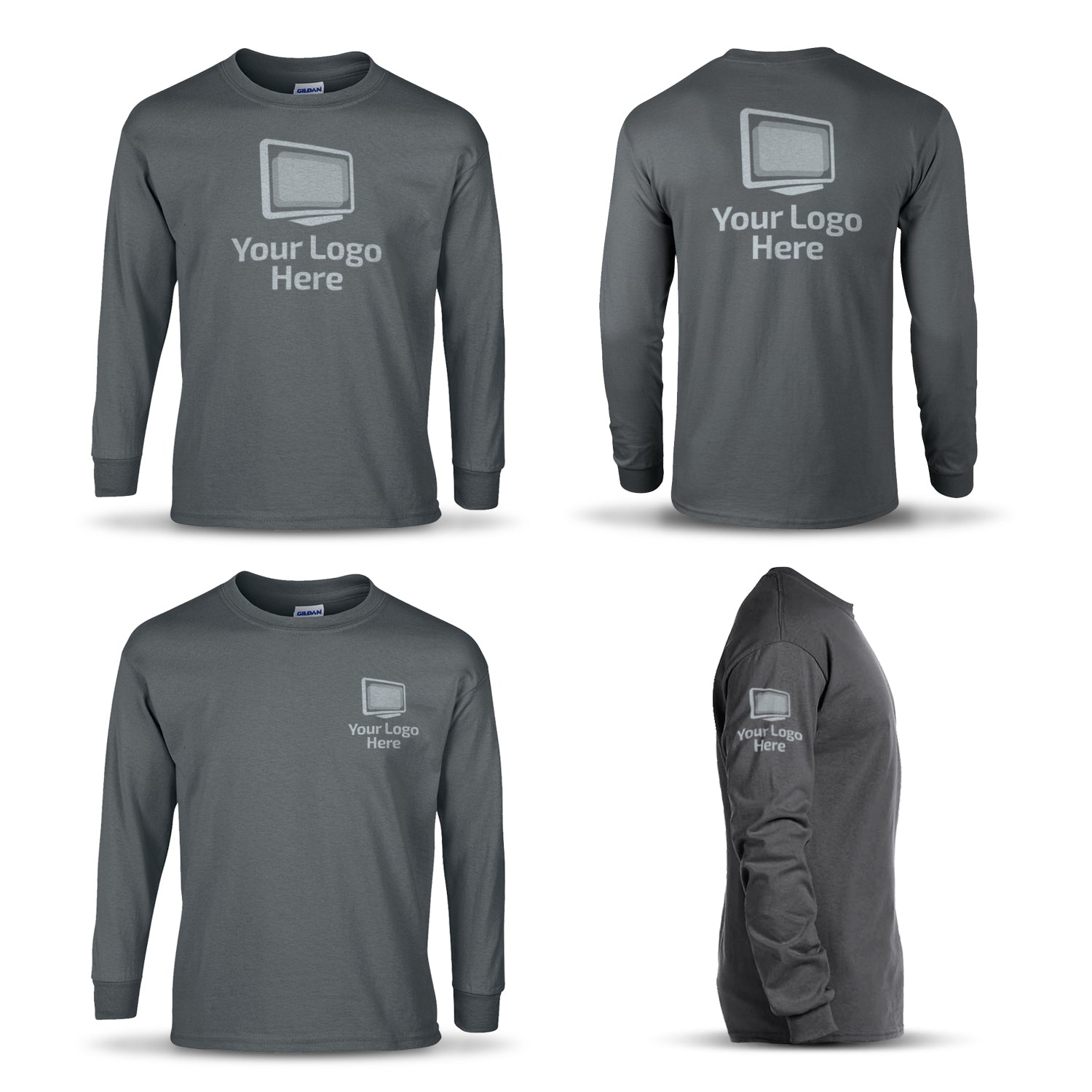Dark gray long sleeve crewneck T-shirt shown from front, back, side, and angle views, featuring a centered "Your Logo Here" design with a monitor icon printed in multiple placements.
